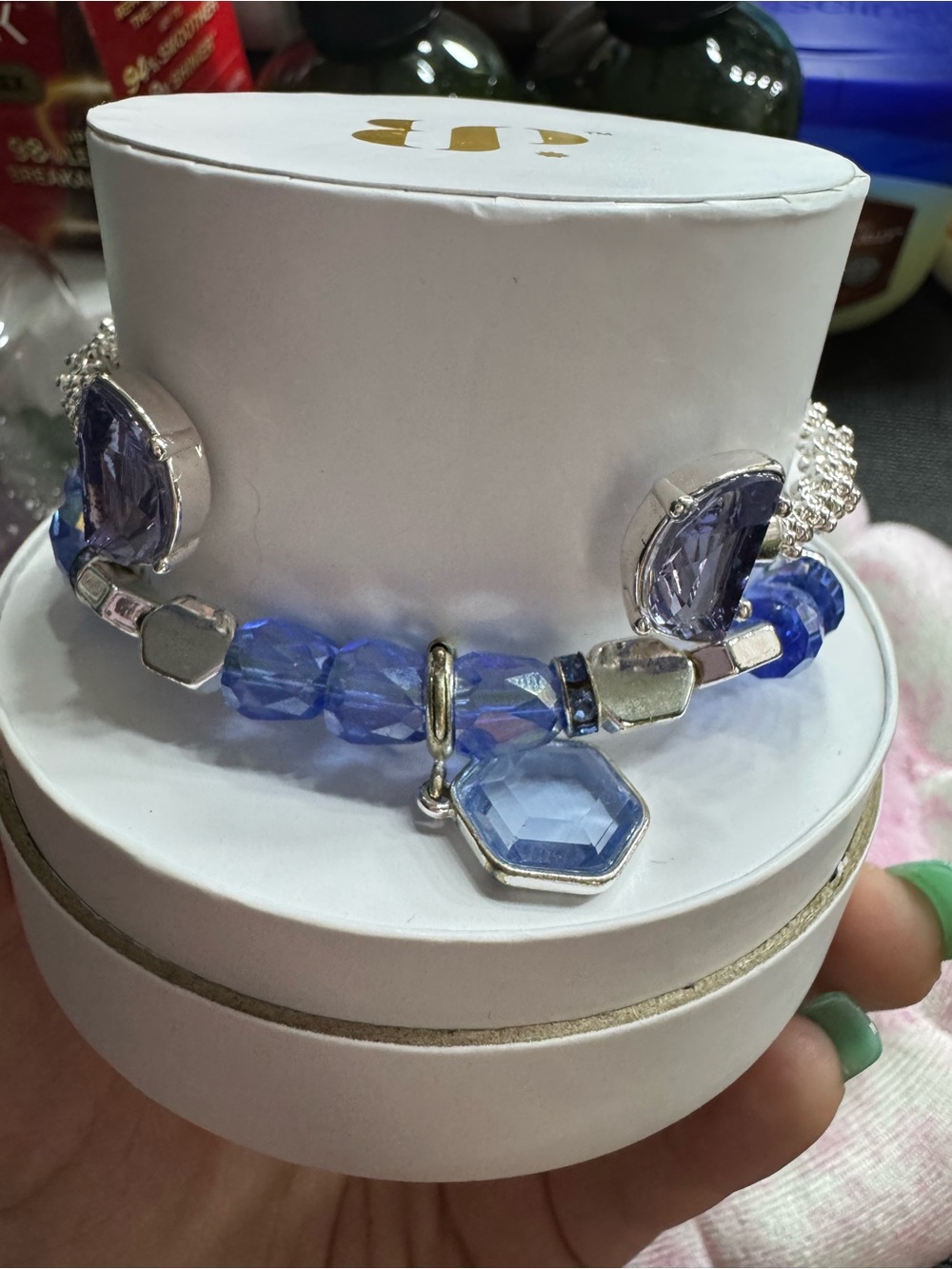 bp Blue Faceted Crystal Charm Bracelet with Hexagon Pendant